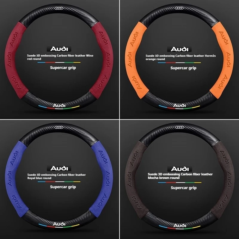For Audi A1 A3 A4 A5 A6 A7 A8 Q3 Q5 Q7 Q8 RS S3 S4 S5 S6 S7 TT Carbon fiber Suede Anti-slip Car Steering Wheel Cover Accessories