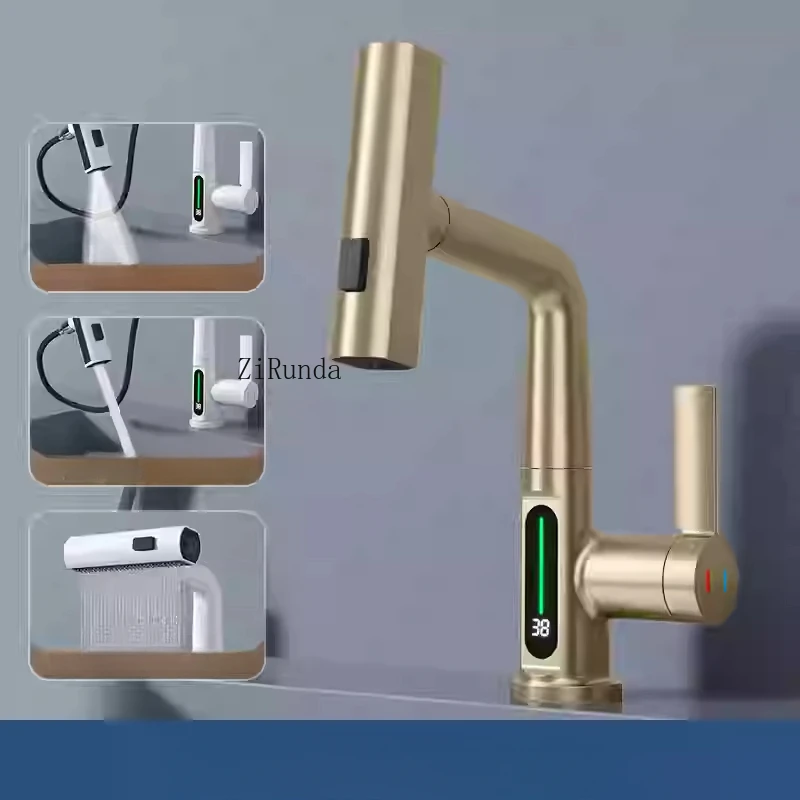 Digital Display Basin Faucet Washbasin Pull-out Hot and Cold Multi-functional Lifting and Rotating All-copper Gun Gray