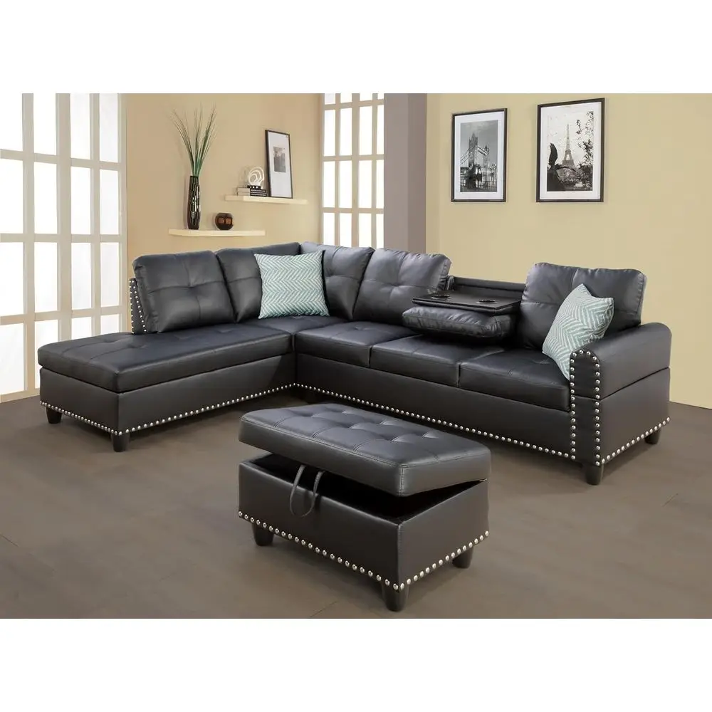 

4-Seater L-Shape Sectional Sofa with Chaise, Ottoman, and Pillows | Black PU Leather Living Room Furniture