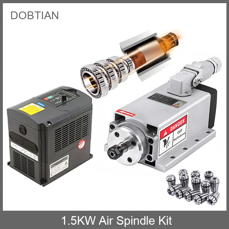 CNC 1.5kw 220V 110V Air-Cooled Spindle Kit 1500W Square Air Cooling Spindle Motor + 1.5KW YL VFD Inverter +13pcs/set ER11