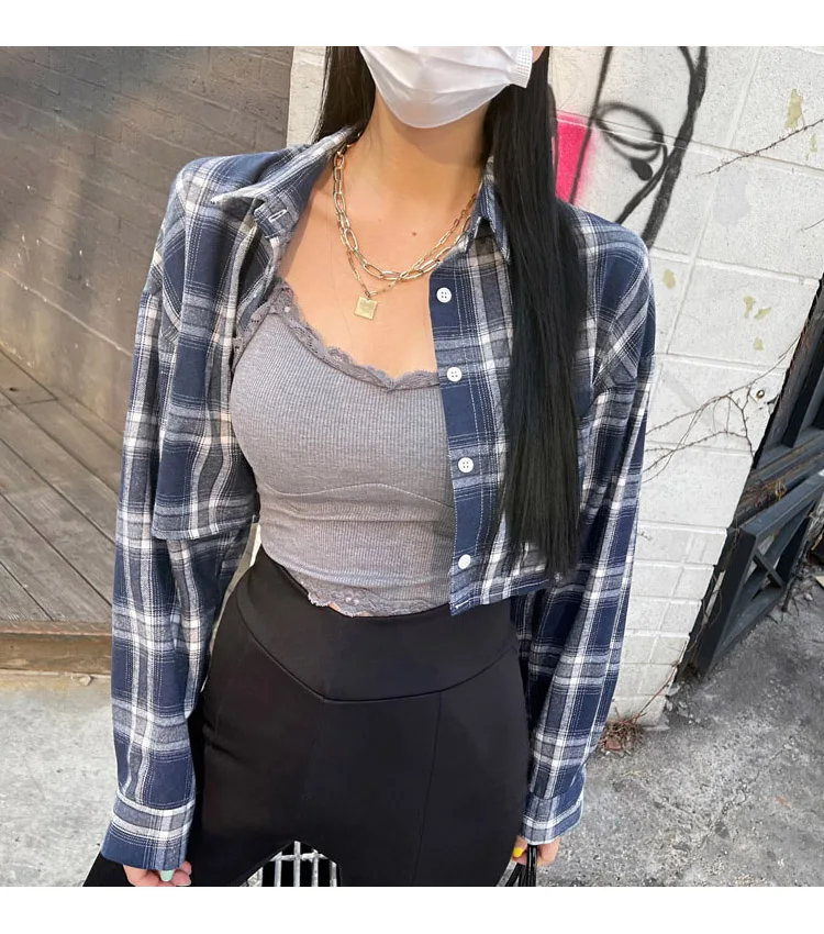 

Women's Plaid Shirt Short Collar Retro Style Summer Spring New Korean Version Cotton Sun Protection Outerwear Coat