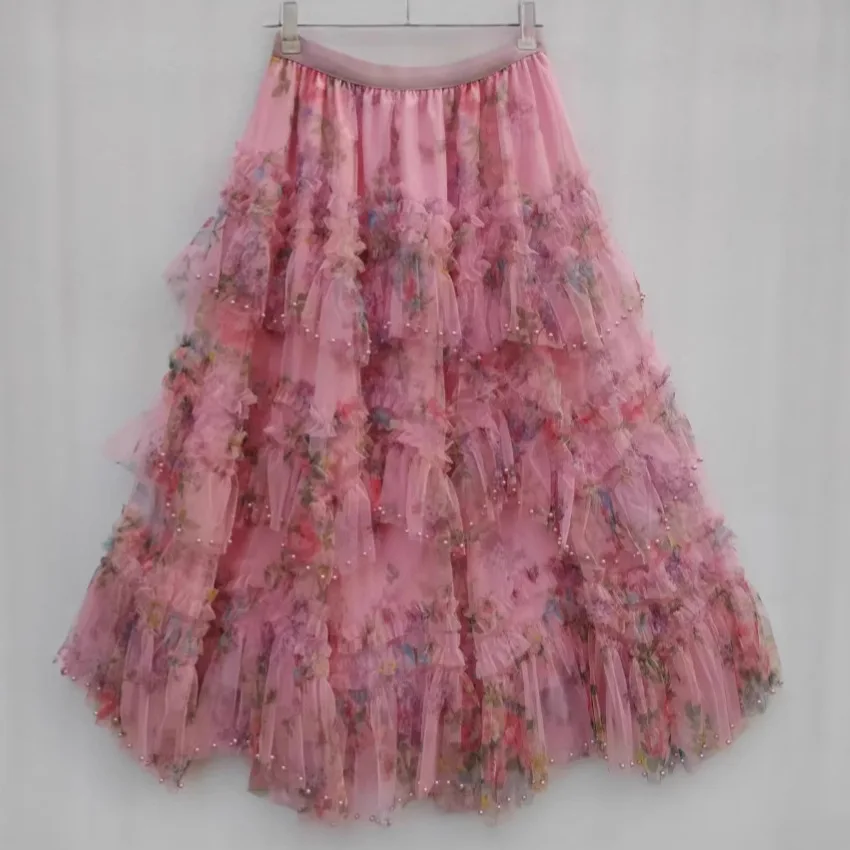 Beading Irregular Ruffled Tiered Tulle Skirts for Women 2026 Summer Fashion Floral Print High Waisted Strechy Layered Midi Skirt