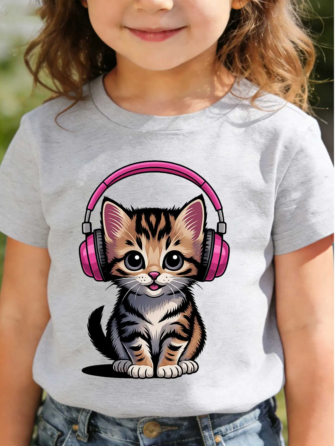 

Children's short-sleeved T-shirts for boys and girls, loose and breathable,cat, headphones, cute, cartoon, kitten, music, tabby