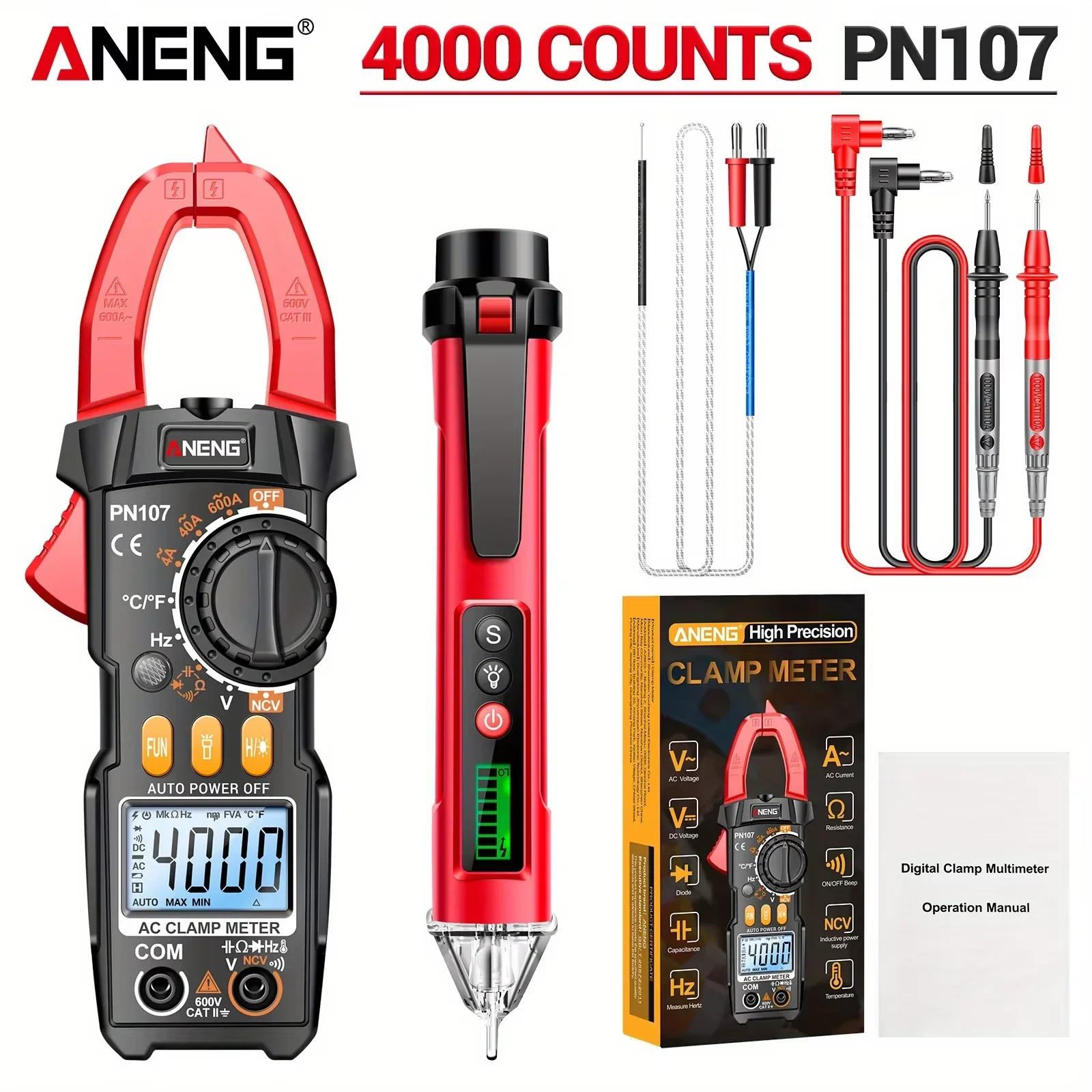 ANENG PN107 Digital Clamp Meter 4000 Counts 600A AC DC Current Voltage Resistance Tester NCV  Free B15 Test Pen Electrical Tool