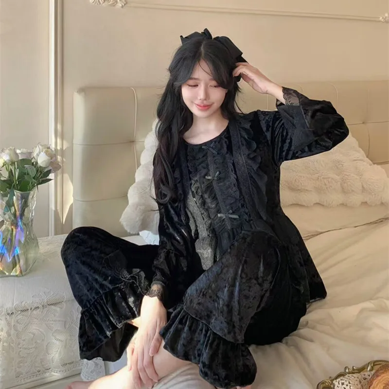 Velvet Girl Princess Style Pajamas Women French Court Sweet Lace Sleepwear Loungewear Black Nightgowns