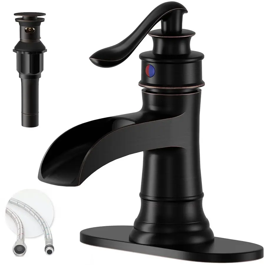 

Rubbed Bronze Waterfall Bathroom Faucet, Single Handle Bathroom Sink Faucet 1 Hole or 3 Hole, Vanity Sink Faucet for Vintage Ant