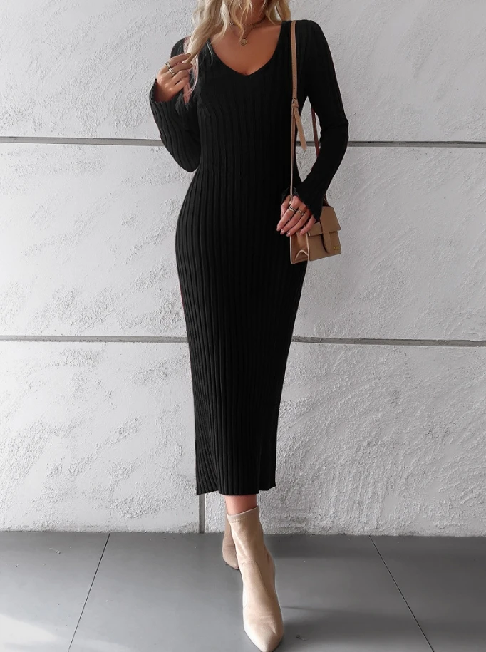 Elegant Autumn Casual Women's Knitted Sweater Bodycon Dresses Temperament Casual Solid Color V-Neck Long Sleeved Sweater Dresses