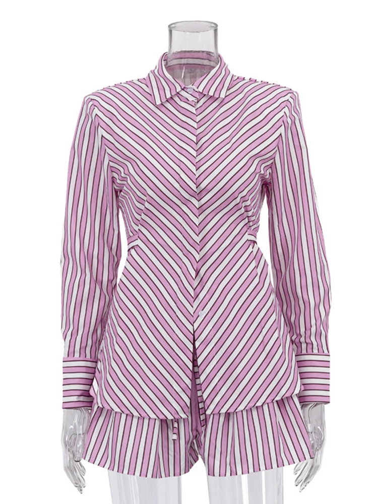 Lady Striped 2 Piece Outfit Set Long Sleeve Waist Cinched Shirt High Waist Shorts Elegant Lady Vacation Matching Suit 2026