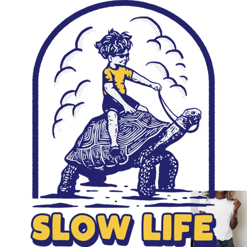 Fun Boy Riding Turtle Pattern Heat Transfer White Ink Iron - on Sticker, Casual & Versatile DIY Decoration for T - shirts,