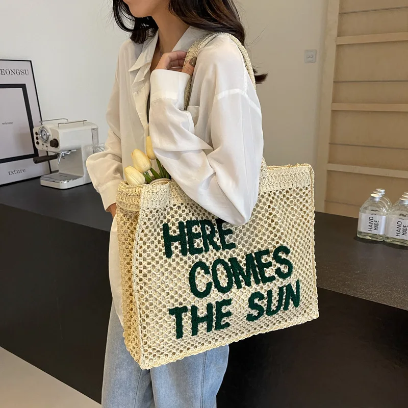 Bolso de mano informal de paja de gran capacidad para mujer, bolsa de hombro tejida con diseño de letras, bolsos de playa hechos a mano de verano, monederos grandes