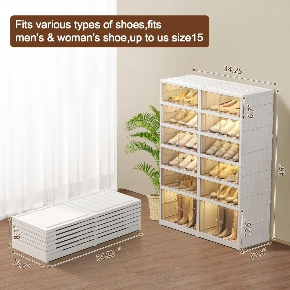 Collapsible shoe rack, storage box, plastic stackable shoebox, with transparent door, quick assembly folding storage box