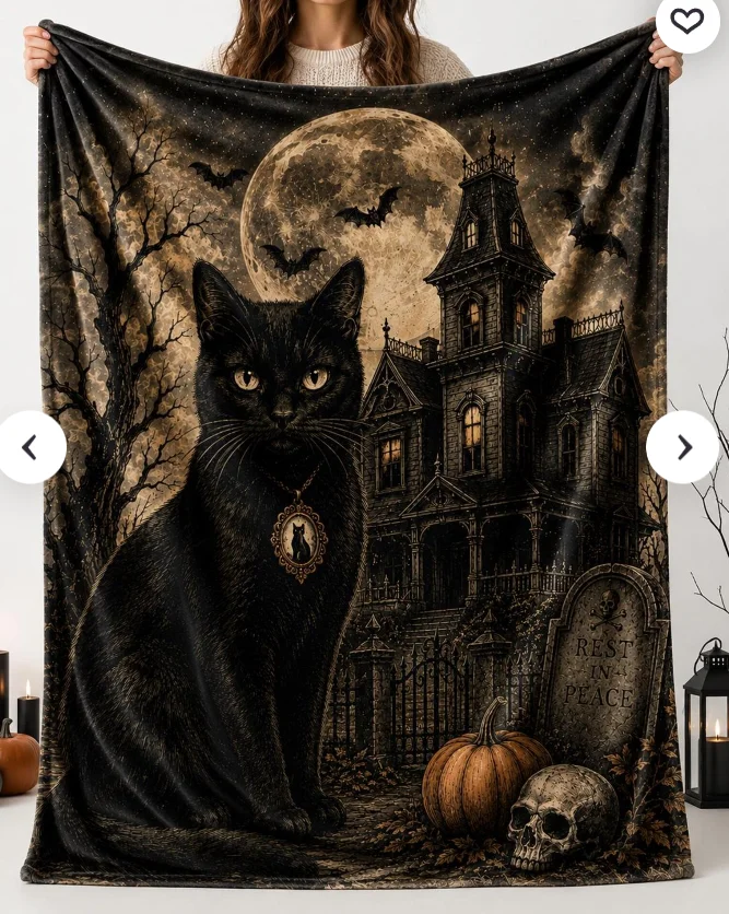 Black Cat Haunted House Velveteen Plush Blanket, Spooky Black Cat Blanket, Cozy Halloween Blanket Home Decoration