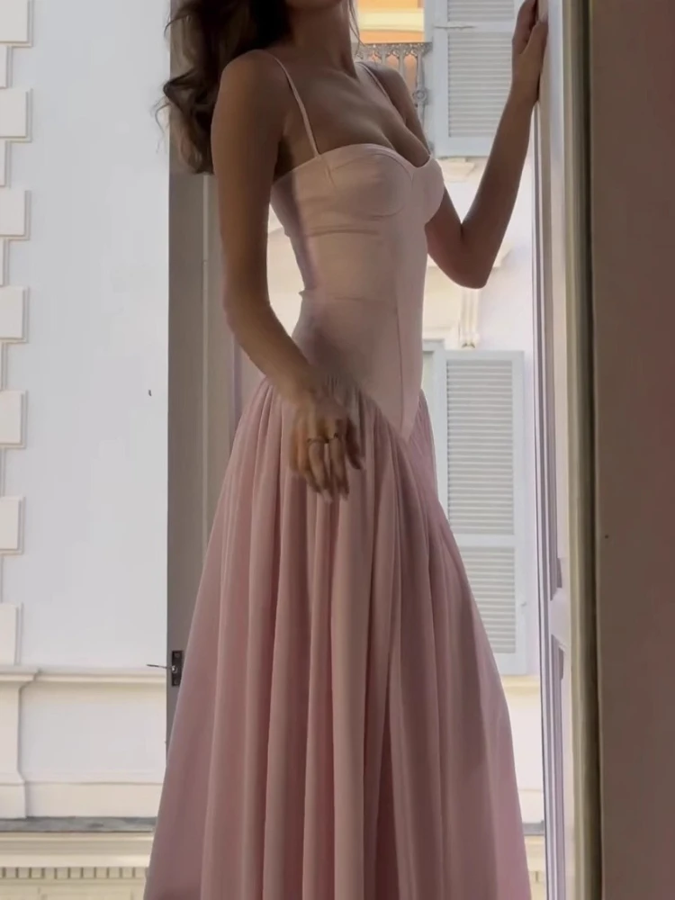 

Elegant Pink Slim Shoulder Strap A-line Long Dress for Women, Tied Waist and Flowing Dress, 2026 New Formal Party Dinner Dress