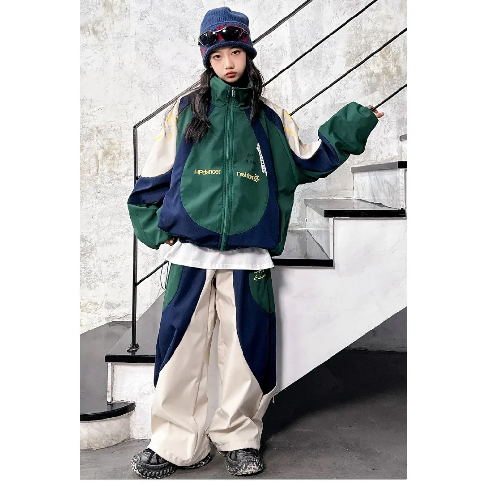 New Kids Hip Hop Streetwear Set Loose Trendy Tops Trousers Children Show Performance Fashion Street Dance Color Blocking Outfit