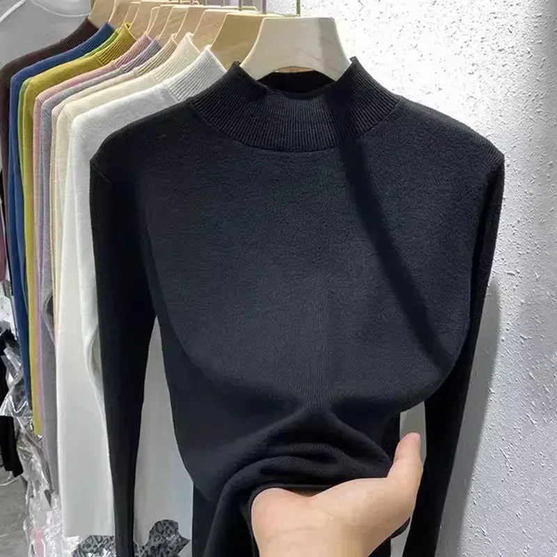 Поп-наполувысокий однотонный свитер для женщин, тонкий пуловер на осень и зиму, контрактный пригородный базовый трикотаж, верхняя основа