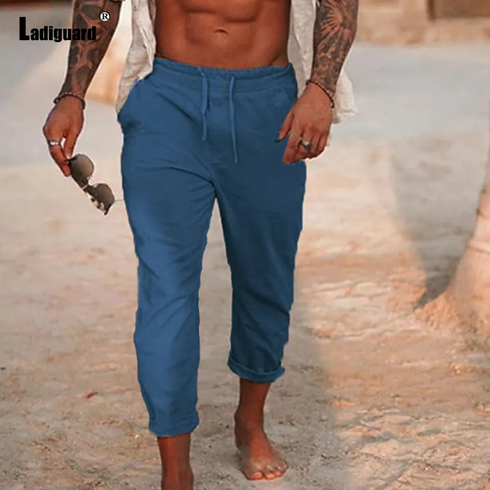 Men Fashion Leisure Beach Cotton Linen Pants Men\'s Ankle-Length Trouser Plus Size Mens Casual Solid Pocket Drawstring Sweatpants