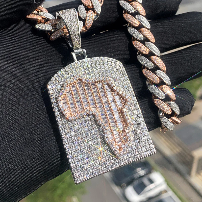 

Хип-хоп 3A+ CZ Stone Paved Bling Iced Out Map of Africa Dog Tag Подвески Ожерелье для мужчин Репер Ювелирные изделия Розовый серебряный цвет