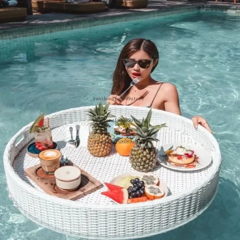 Floating Rattan Serving Tray, Bali Style Pool Floating Basket, Waterproof Decorative Plate for Swimming Pool