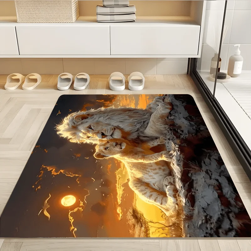 White Lion Flannel Rug Sunset Silhouette Area Carpet Soft Non-slip Floor Mat for Living Room Bedroom Home Decor