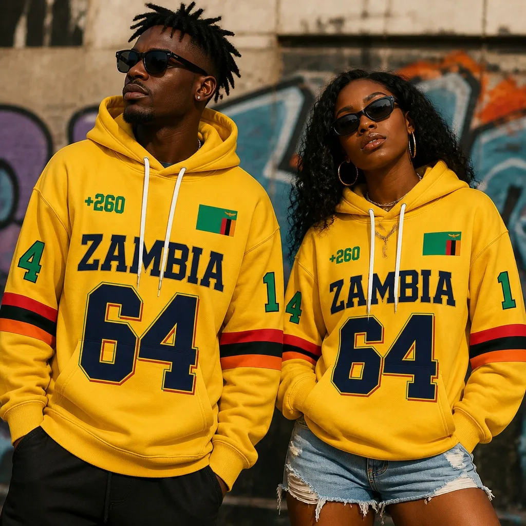 Men's and Women's Long-Sleeved Hooded Sweatshirt with Zambian Flag Pattern Print, Fashionable Street Style Couple Hoodie