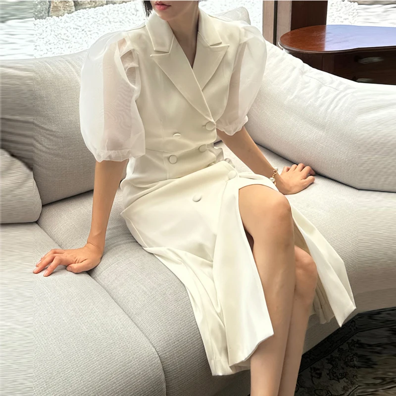 

See Through Mesh Patchwork Notched Dress Botton Vestidos Midi Office Korean Slim Elegant Summer 2024 White Black Pink Sukienka