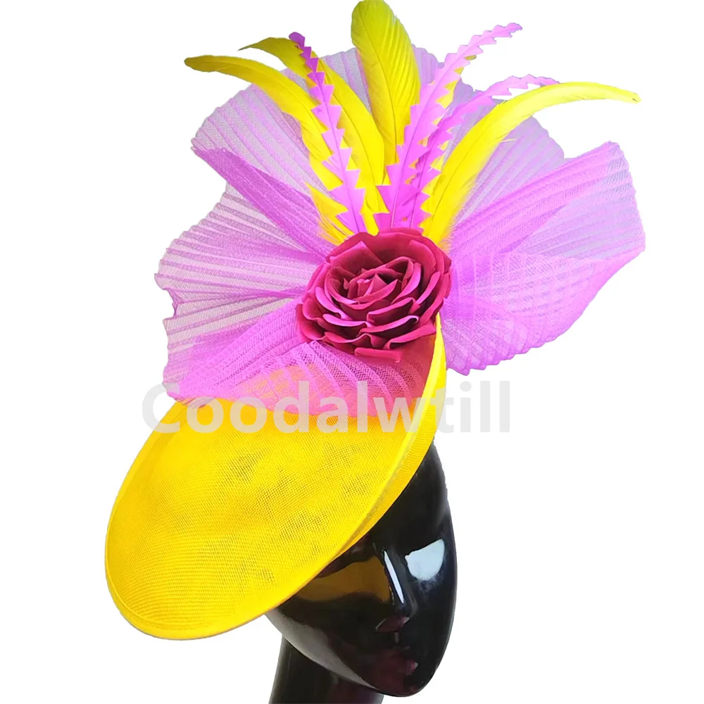 Kentucky Derby Flower Fascinator Hat Women Wedding Headwear Fancy Feather Fascinator Pillbox Cap Headband Mesh Bride Headpiece