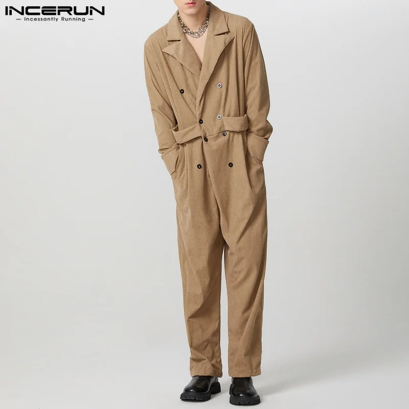 INCERUN Men Jumpsuits Solid Color Corduroy Lapel Long Sleeve Double Breasted Casual Rompers Men Streetwear 2025 Fashion Overalls
