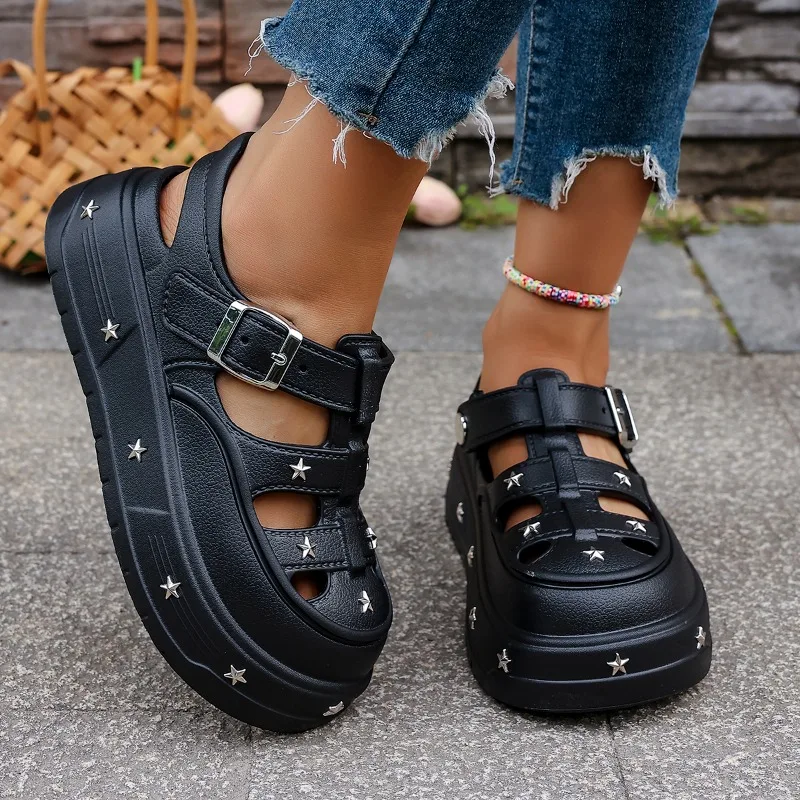 Summer Women PlatformClosedToe Sandals Star Rivet Ankle Buckle Hollow Out Non Slip Thick Sole Daily Outdoor Walking Casual Shoes