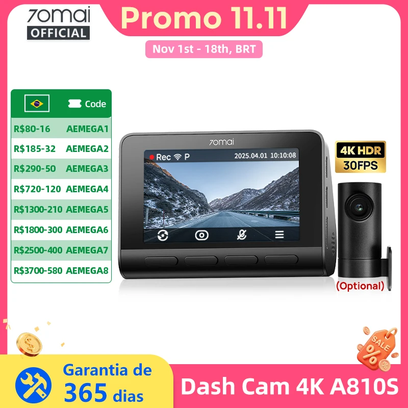70mai A810S Câmera de painel 4K 4K+1080P HDR IMX678 Supercapacitor Controle por Voz Wi-Fi 6 GPS ADAS APP 4G LTE Câmera de Carro com Controle Remoto