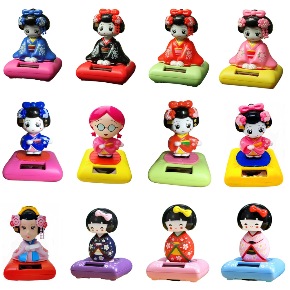 New Solar Powered Japanese-Style Doll Car Ornament Kimono Girl Shaking Head Nod Head Cartoon Doll Dashboard Cute Car Accessories