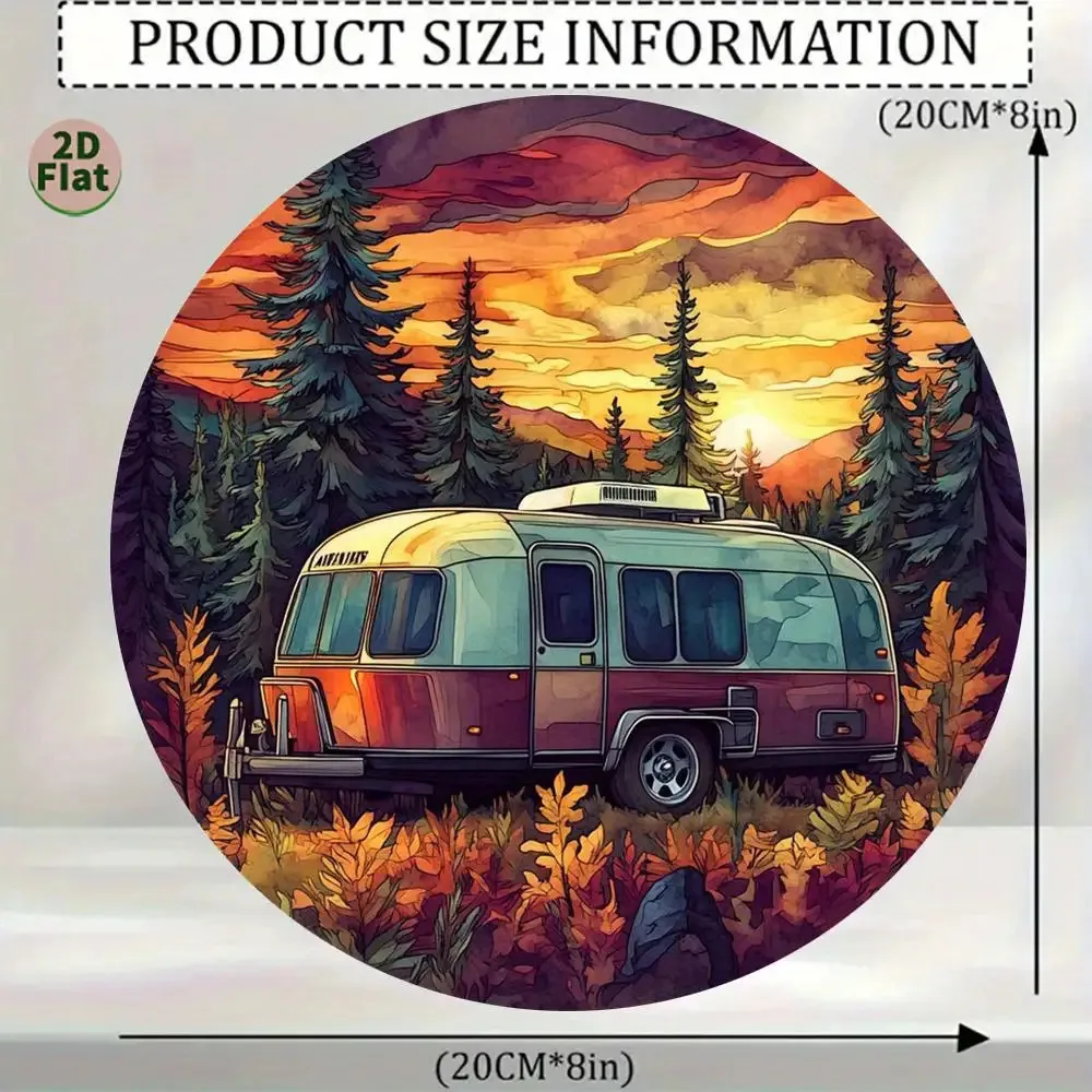 1pc Vintage Sunset Camping Wall Art - Round Aluminum Metal Retro Camper Van & Pine Trees Design with Warm Orange-Red Sky - Indoo