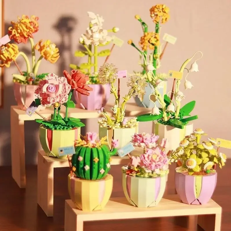 Building Block Eternal Bouquet Succulent Potted Plants Green Plant Ornament Decoration Children Assemble Home Ornament Girl Toy