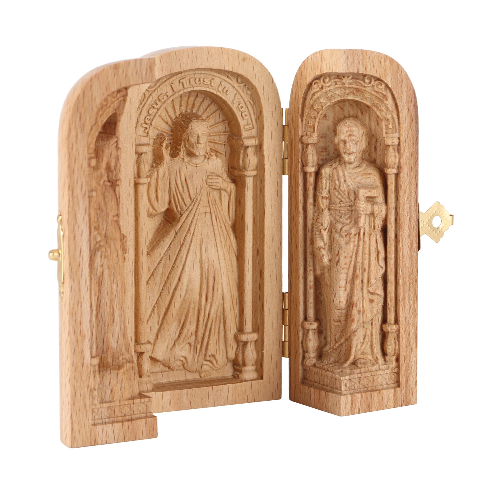 Ornamen dekorasi Desktop ukiran hadiah kayu Gereja portabel orang kudus liburan Katholik suci tiga kotak terbuka kerajinan