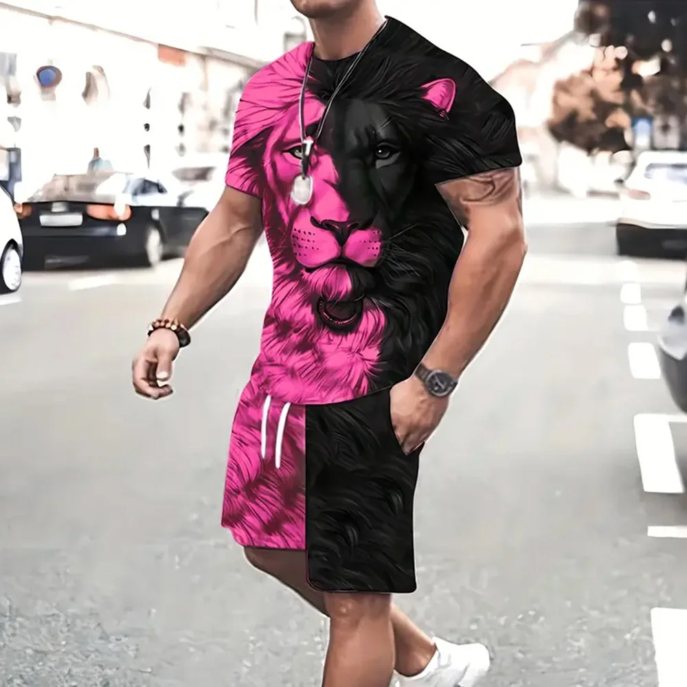 Summer 2024 New Men's Short Sleeve Tops And Shorts Set New 3d Lion Printed 2-Piece Set Round Neck Tops & Drawstring Shorts