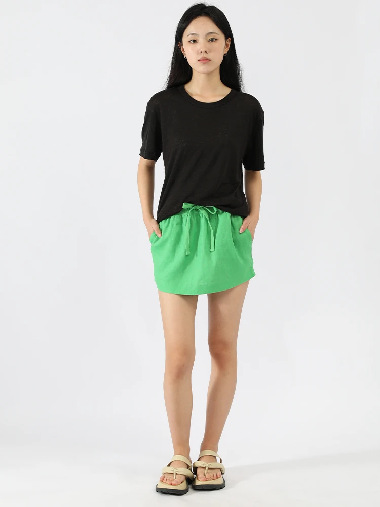 تنورة قصيرة عالية الخصر من الكتان للنساء - تنورة صيفية كاجوال ملفوفة مع رباط - الشاطئ، الحفلات، ملابس يومية (شحن مجاني)