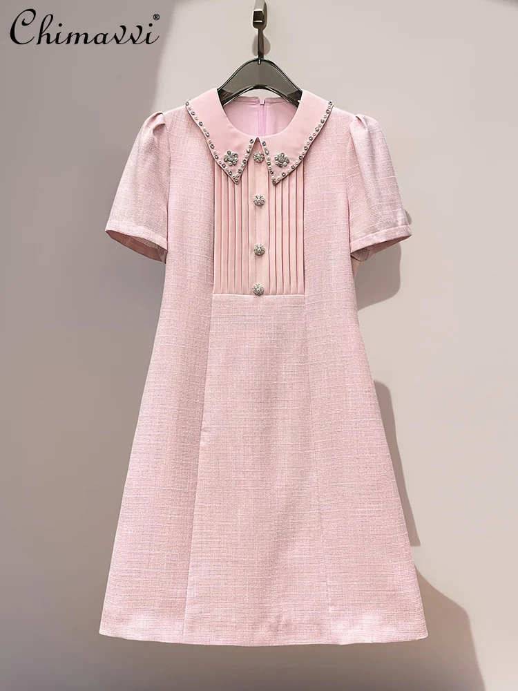 

French Elegant Sweet Socialite Party Dresses Beaded Diamond Doll Collar Short Sleeve High Waist A-line Midi Dress Women Summer