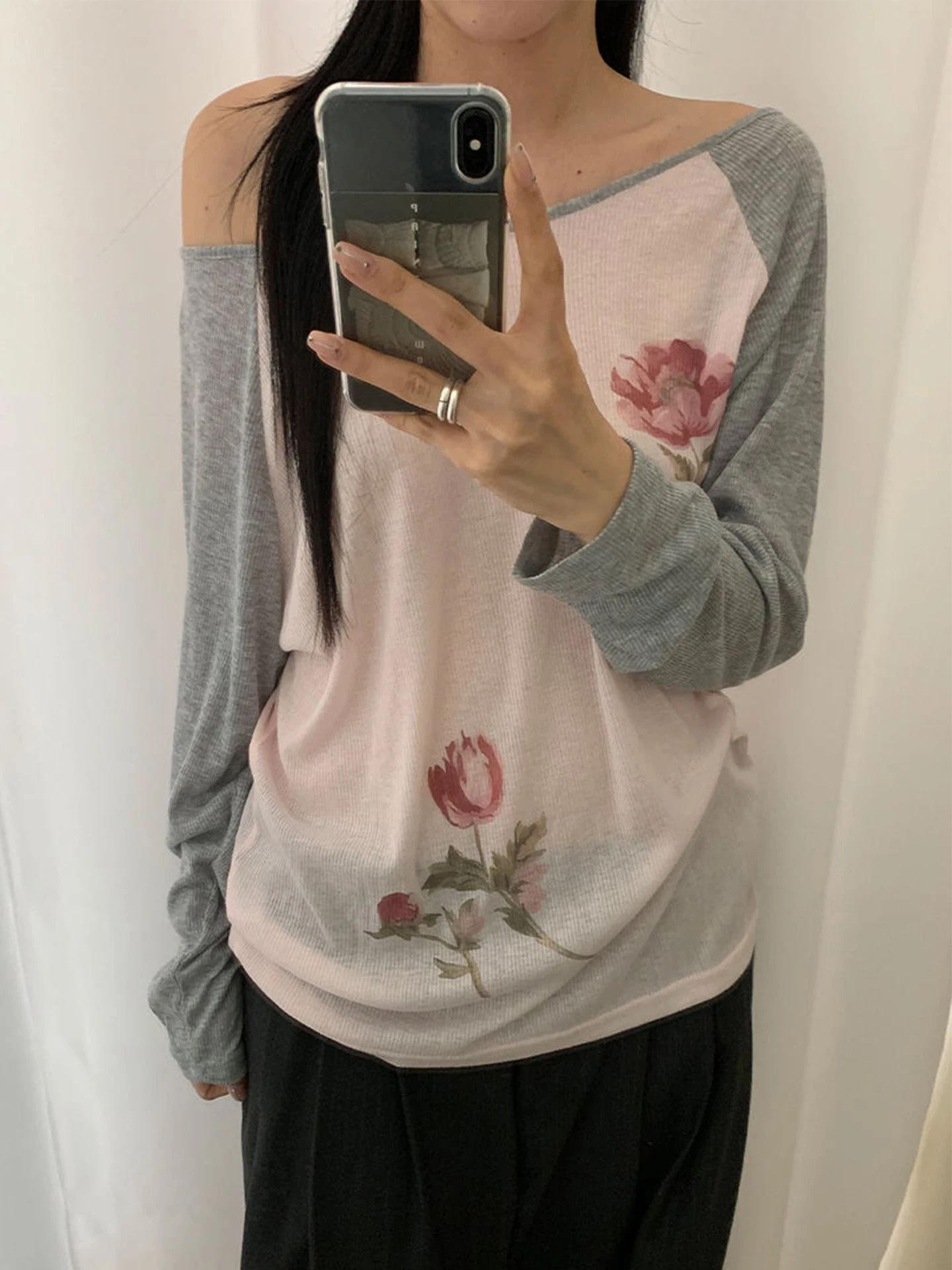 Loose Fit Long Sleeve Floral Print One Shoulder T-Shirt Women's Korean Style Casual Top Polyester Fiber Printed Design
