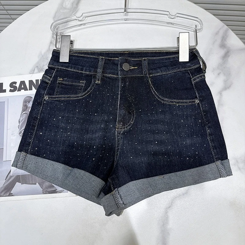 Y2k Retro Fashion Rhinestone Denim Shorts Women Pink Summer New A-Line Wide Leg Jeans Ultra Short for Hot Girls Bottoms