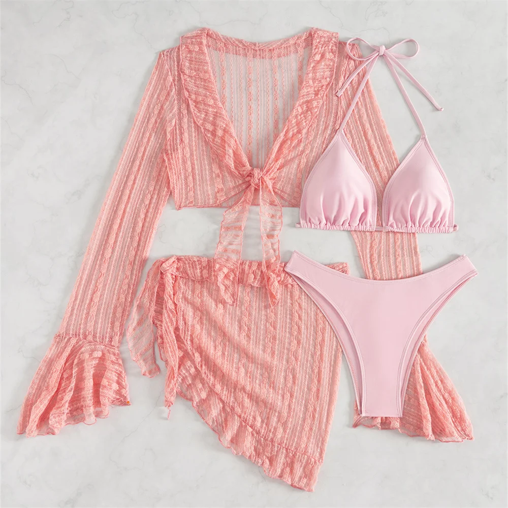 Maillot de bain en maille unie, tenue de plage, à volants, manches longues, Cover-Up pour les vacances, pour femmes, ensemble deux pièces en dentelle rose