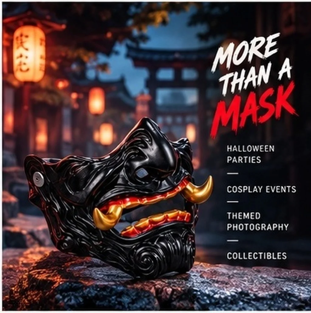 Authentic Japanese Half Face Resin Mask Cosplay Costume Accessory for Halloween Masquerade Samurai Theme Photo Shoot