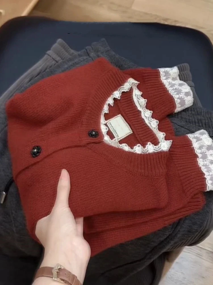 Faionable Gespleißt Spitze Trim Stricken Pullover frauen Herbst Neue Sle Abnehmen Strickjacke Top Casual Sle V-Ne Lange Sve