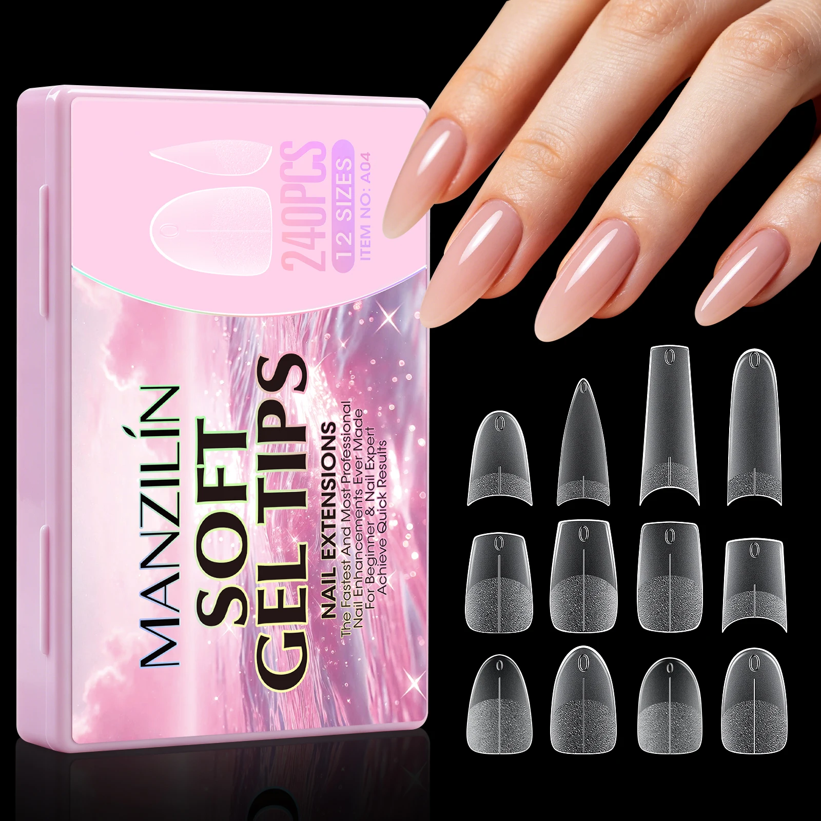 240 Stück kurze, mandelförmige Soft-Gel-X-Nagelspitzen, Full Cover Coffin Stiletto, mattierte, künstliche Nägel zum Aufkleben, DIY Salon Maniküre – Detail 1