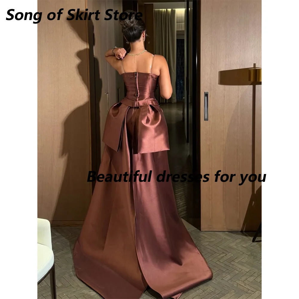 Brown Prom Dress Customized Transparent Spaghetti Strap Beading Crystal Satin Straight Evening Gown Backless Long Party Dress view 2