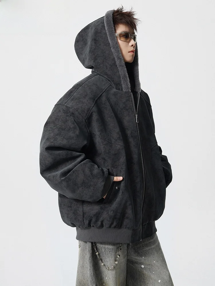 

Wassup Happy American Decosition Hooded Cotton Jaet Men's Autumn Winter Fce Warm Function Cool PU Leather Coat