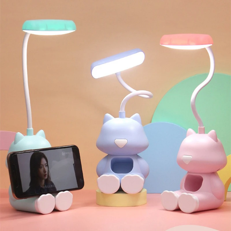 Creative Cute Cat Flexible Led Study Desk Lamp with Phone Holder Bedside Color Adjust Table Lamp for Kids Student Room