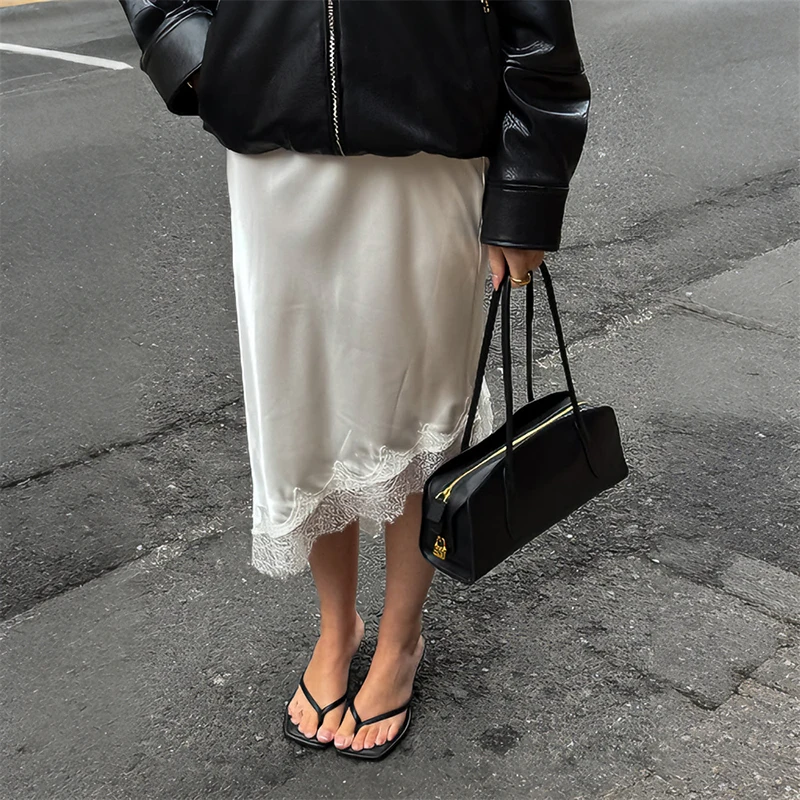 

Elegant Satin Irregular Long Skirt For Women White Lace Patchwork Loose Skirts 2025 Autumn Winter Basic Party Maxi Vestidos