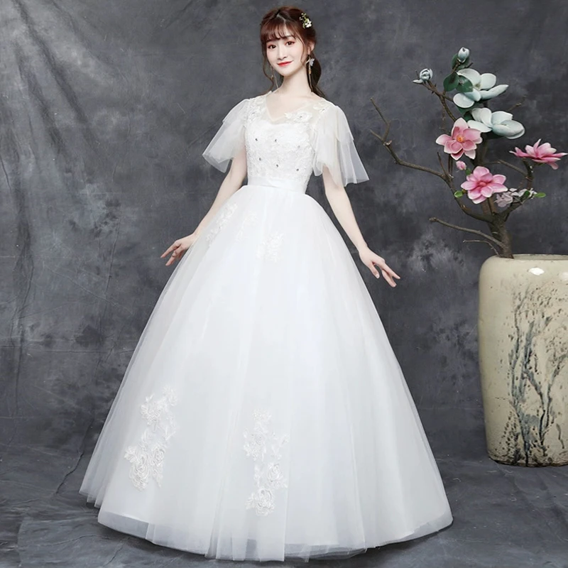 AnXin SH princess white flower lace v neck illusion short sleeve ball gown lace up party bride simple customized wedding dress