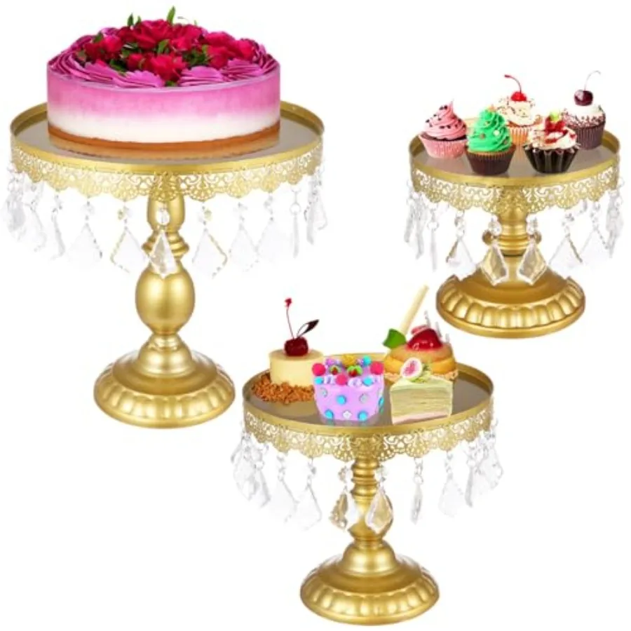 

3 Pcs Gold Cake Stand Metal Cupake Stand with Crystal Bling Pendants Round Cupcake Holders for Dessert Table Dessert Serving Tr