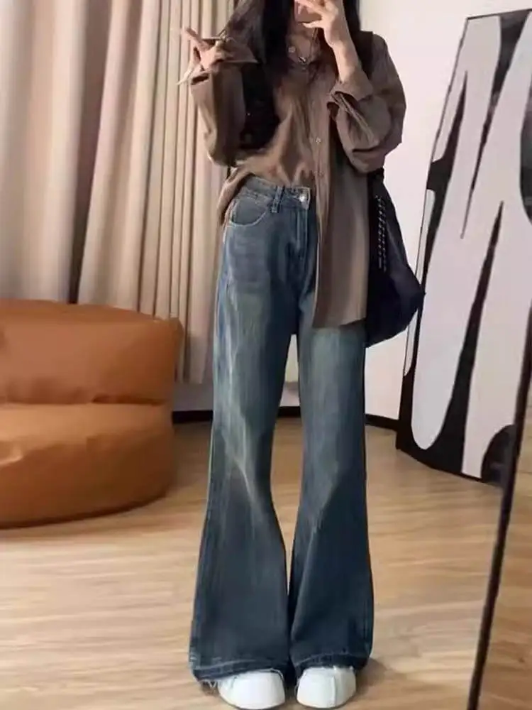 

High Waist Bell Bottom American Style Denim Jeans Women's Spring Summer Slimming Wide Leg Long Trousers Fashionable plus Size