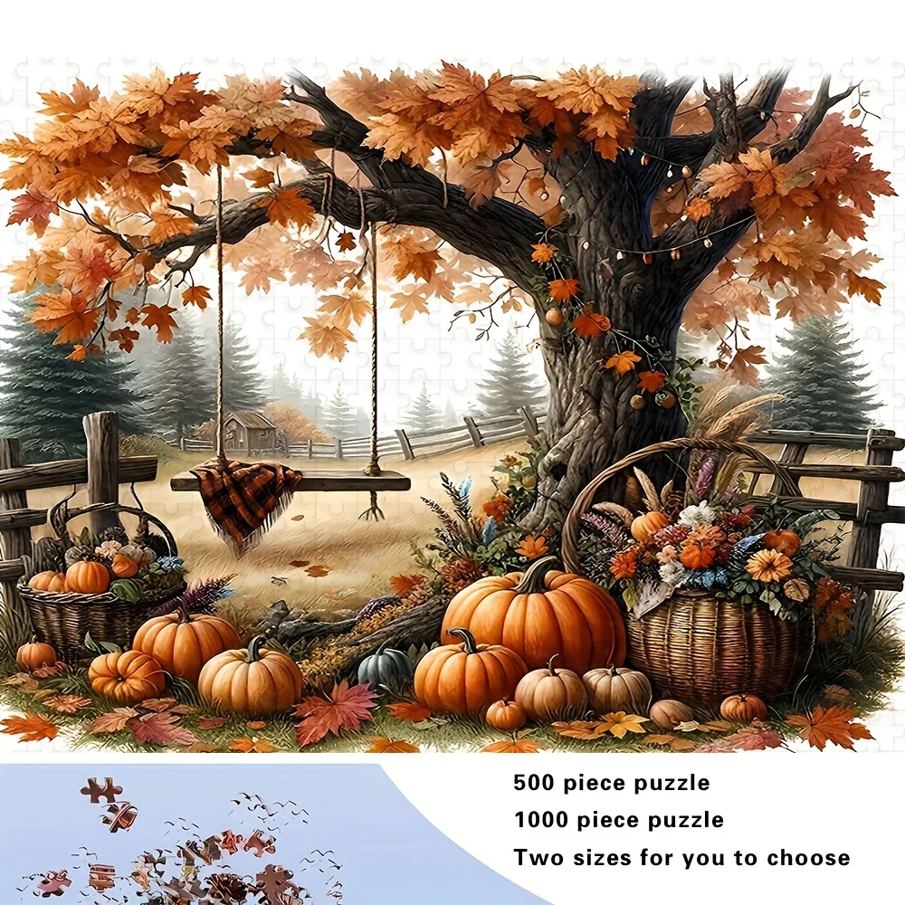 

500/1000 шт. Пазл для взрослых с осенним урожаем — осеннее листво, тыквы, опущенные листья — большой размер (500 шт.) и небольшой размер